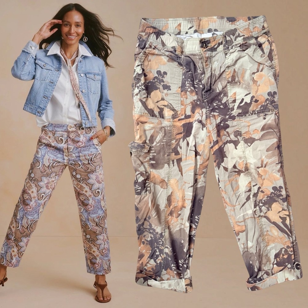 Chico's Cargo Pants Floral Utility Tan Peach Size 1.5 US 10